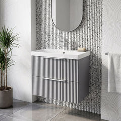 [BFFF293D] Tixall Fluted 2 Drawer Wall Hung Vanity Unit with Thin Edge Basin - Choice of Size and Colour