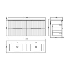 [BFFF293F] Tixall Fluted 4 Drawer Wall Hung Vanity Unit with Double Basin - Choice of Colour - Technical Drawing