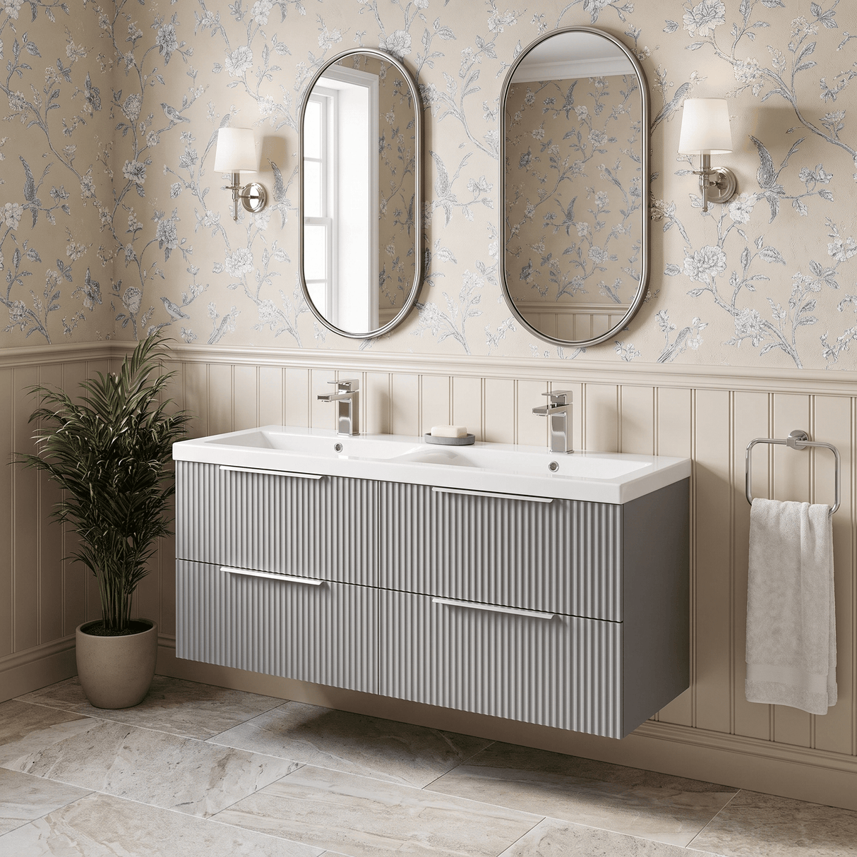 [BFFF293F] Tixall Fluted 4 Drawer Wall Hung Vanity Unit with Double Basin - Choice of Colour