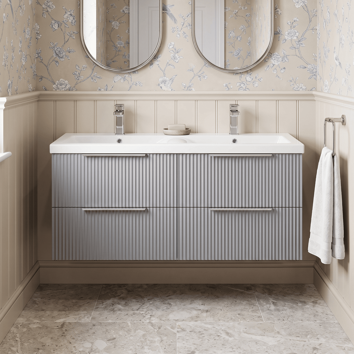 [BFFF293F] Tixall Fluted 4 Drawer Wall Hung Vanity Unit with Double Basin - Choice of Colour - Silo