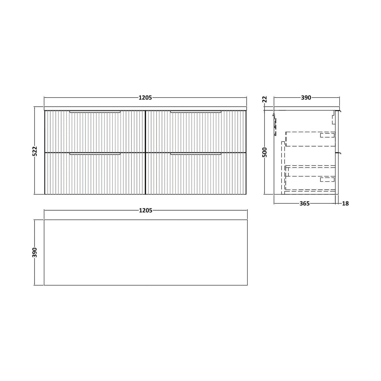 [BFFF293LBG2] Tixall Fluted 4 Drawer Wall Hung Vanity Unit with Bellato Grey Laminate Worktop - Choice of Colour - Technical Drawing