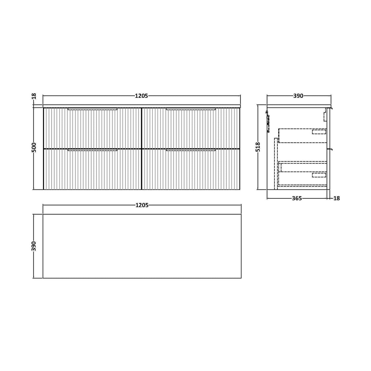 [BFFF293W2] Tixall Fluted 4 Drawer Wall Hung Vanity Unit with Worktop - Choice of Colour - Technical Drawing