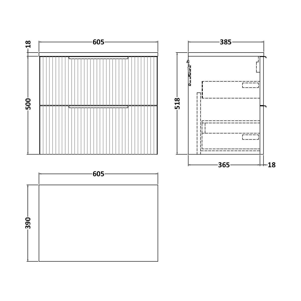 [BFFF293W] Tixall Fluted 2 Drawer Wall Hung Vanity Unit with Worktop - Choice of Size and Colour - Technical Drawing