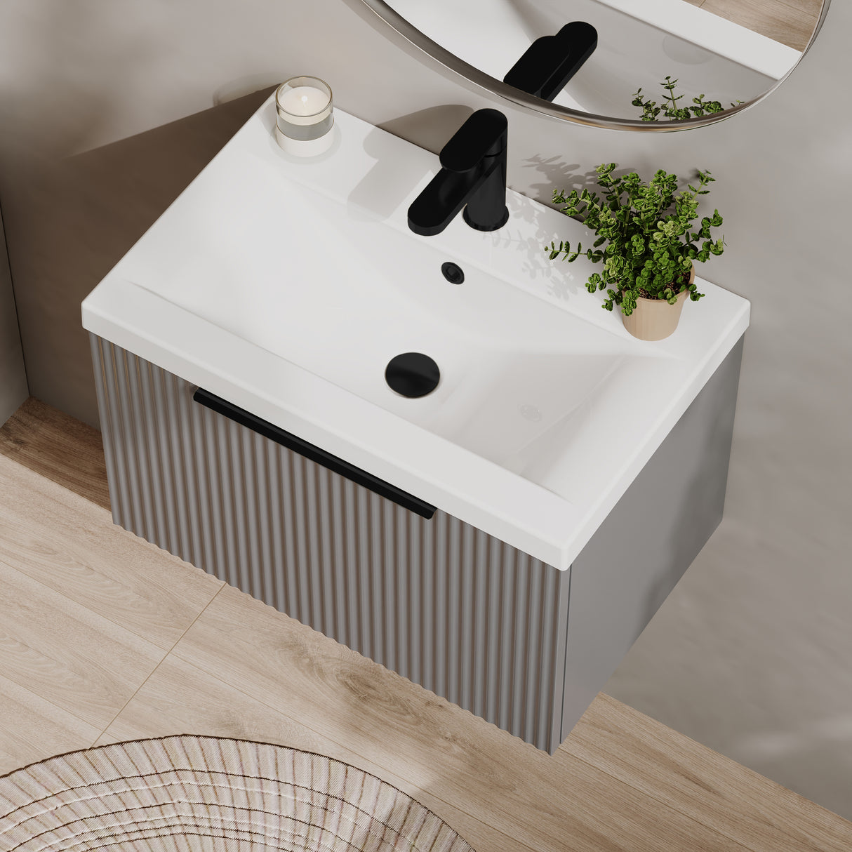 Fluted Front Wall Hung Vanity Basin Unit with Choice of Size, Colour and Handle Options