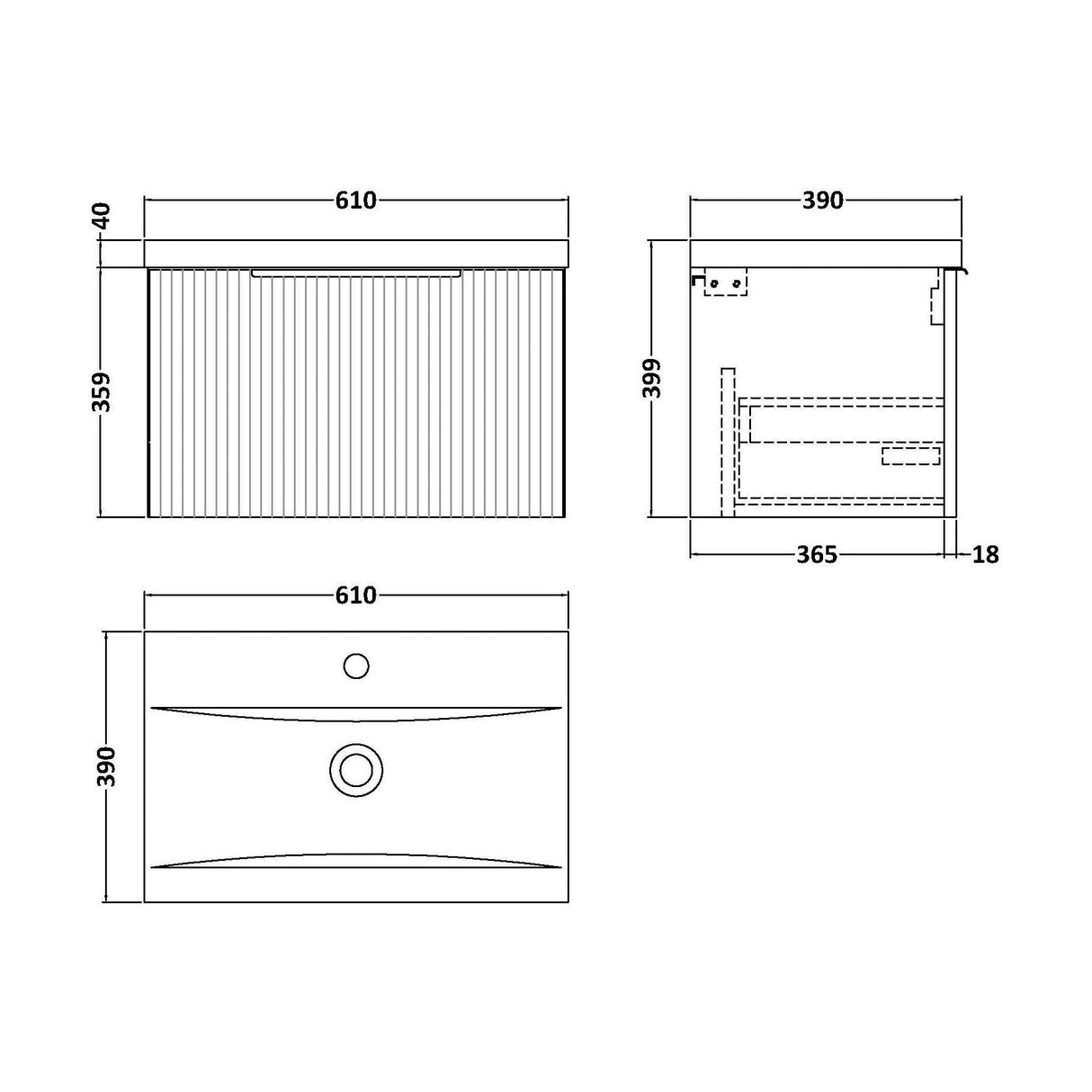 [BFFF294A] Tixall Fluted Front Wall Hung Vanity Basin Unit with Choice of Size, Colour and Handle Options - Technical Drawing