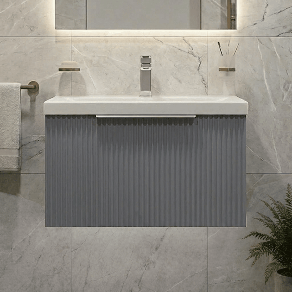 [BFFF294A] Tixall Fluted Front Wall Hung Vanity Basin Unit with Choice of Size, Colour and Handle Options - Silo