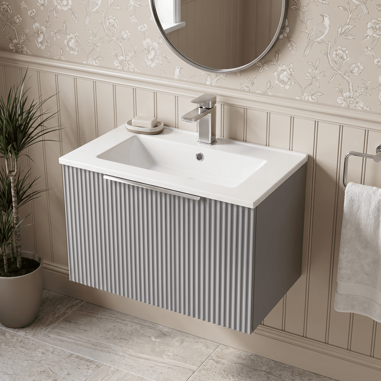 [BFFF294B] Tixall 1 Drawer Wall Hung Vanity Basin Unit with 1 Tap Hole Minimalist Ceramic Basin, Choice of Size and Colour