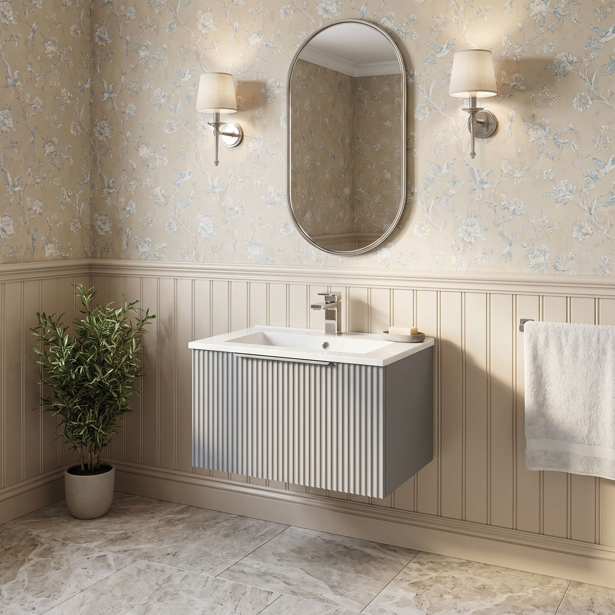 [BFFF294B] Tixall 1 Drawer Wall Hung Vanity Basin Unit with 1 Tap Hole Minimalist Ceramic Basin, Choice of Size and Colour