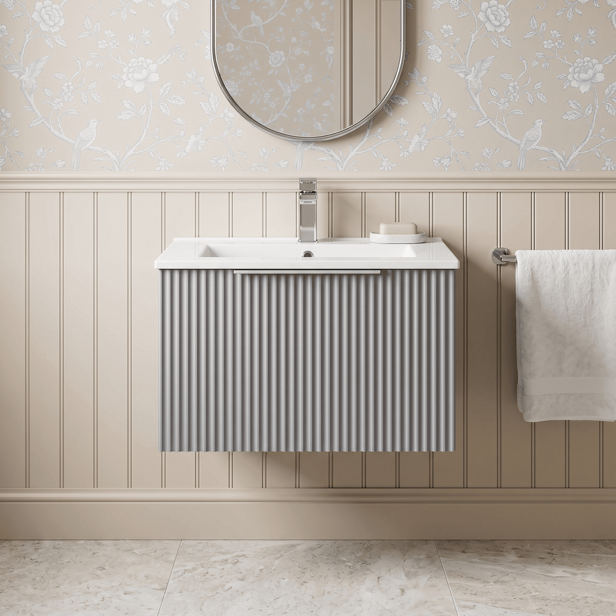 [BFFF294B] Tixall 1 Drawer Wall Hung Vanity Basin Unit with 1 Tap Hole Minimalist Ceramic Basin, Choice of Size and Colour - Silo