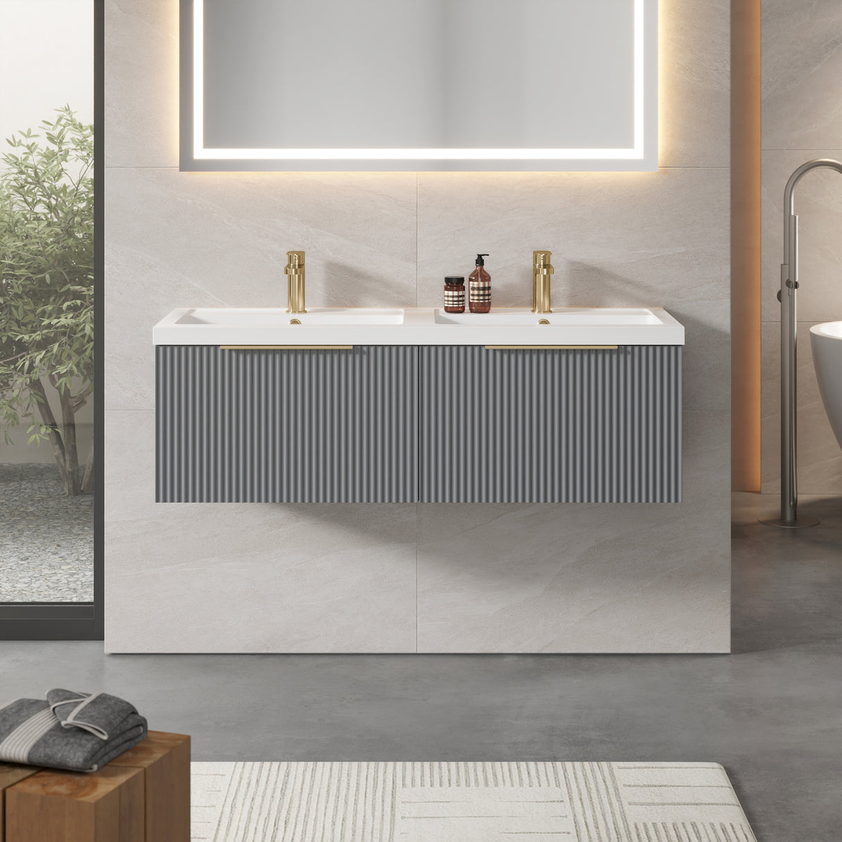Fluted Front Wall Hung Vanity Basin Unit with Choice of Size, Colour and Handle Options
