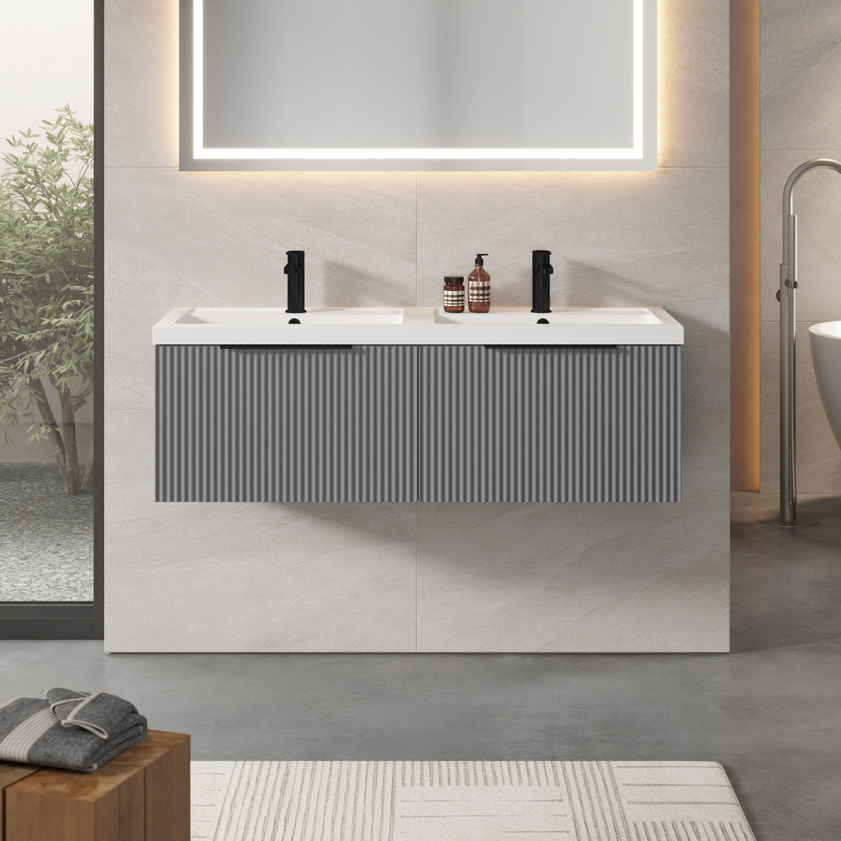 Fluted Front Wall Hung Vanity Basin Unit with Choice of Size, Colour and Handle Options
