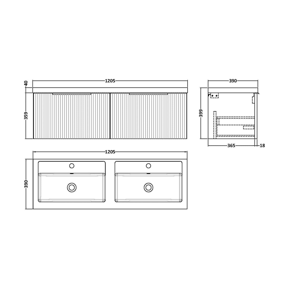 [BFFF294C] Tixall Fluted Front Wall Hung Vanity Basin Unit with Choice of Size, Colour and Handle Options - Technical Drawing