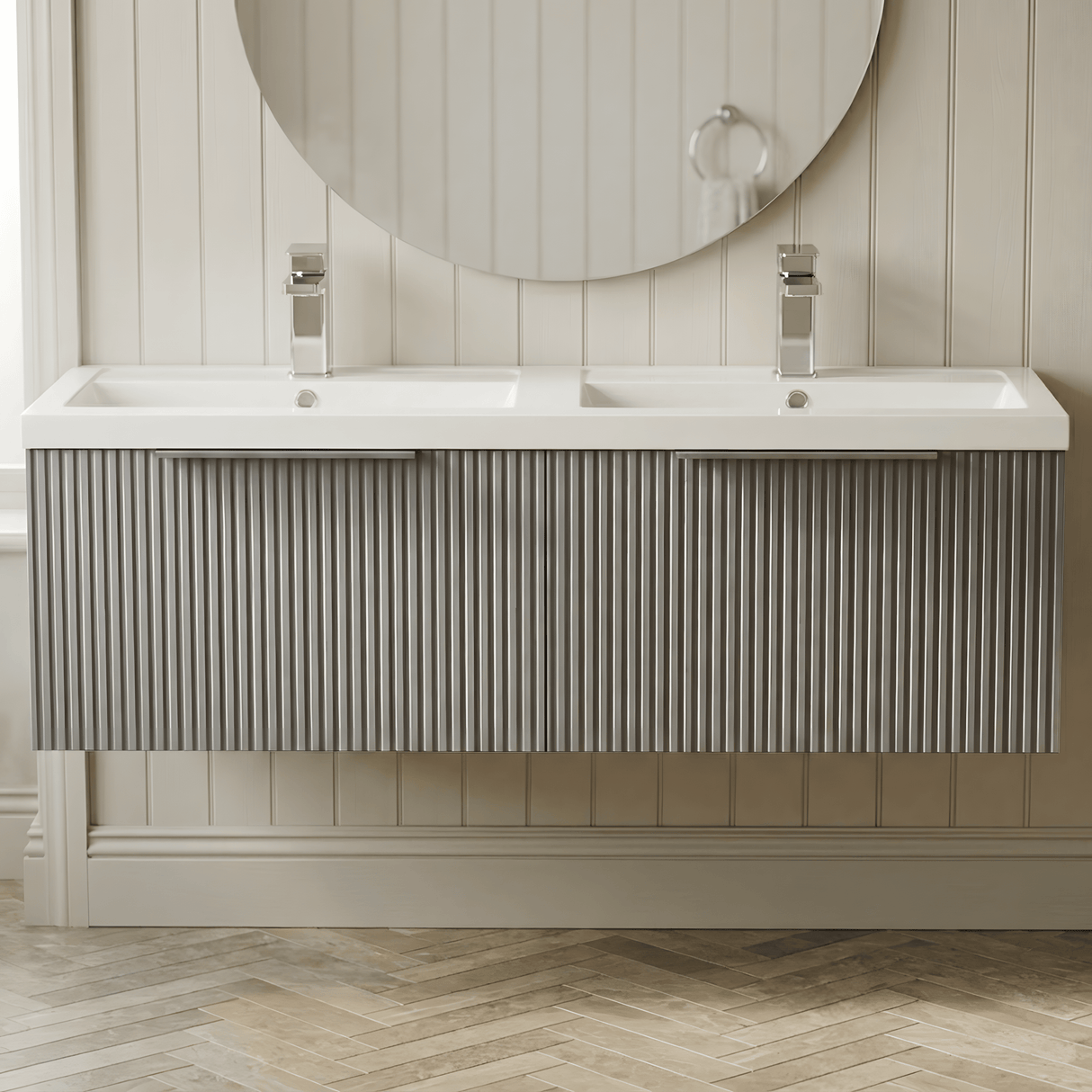[BFFF294C] Tixall Fluted Front Wall Hung Vanity Basin Unit with Choice of Size, Colour and Handle Options - Silo
