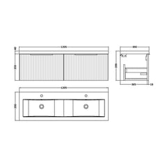 [BFFF294F] Tixall Fluted 2 Drawer Wall Hung Vanity Unit with Double Basin - Choice of Colour - Technical Drawing