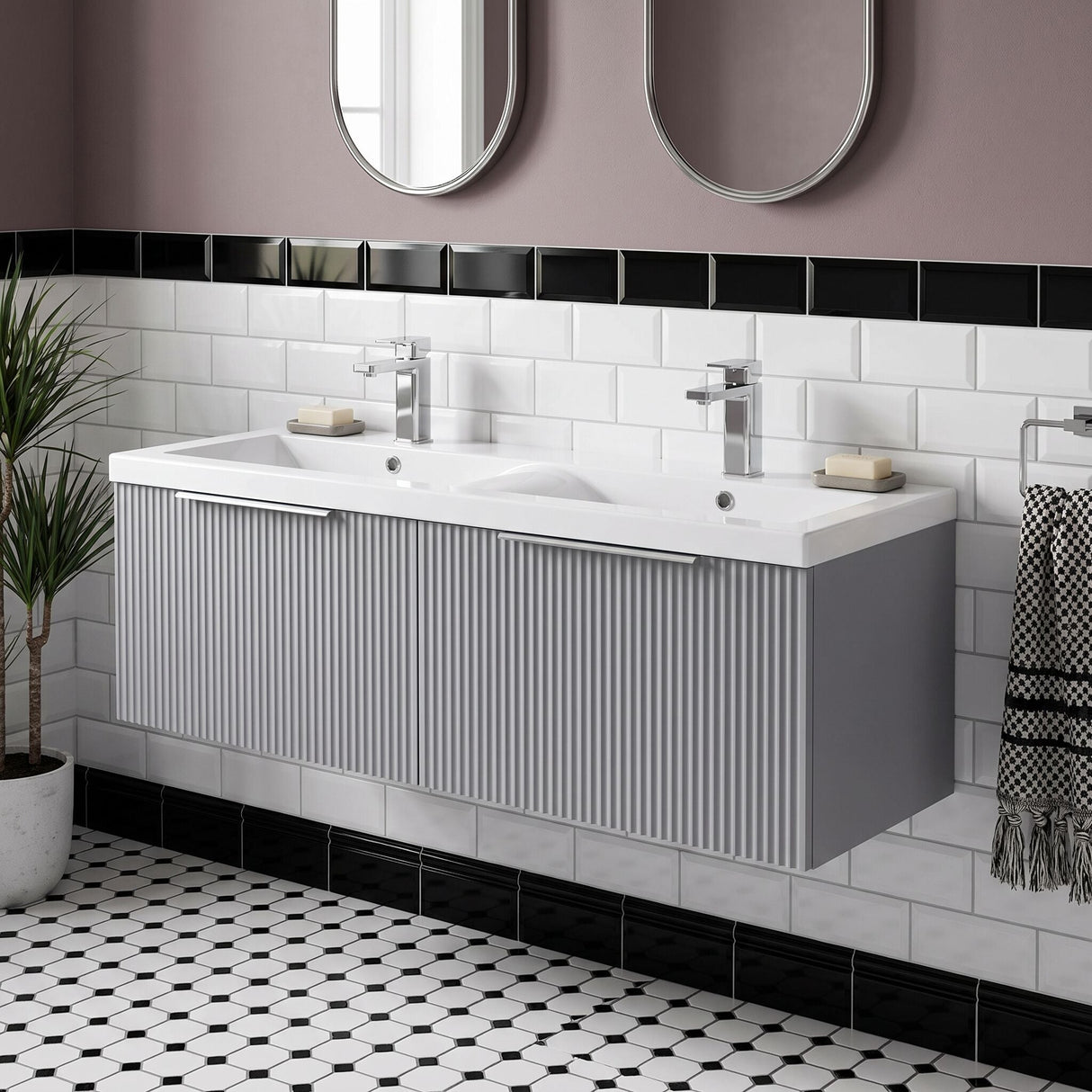 [BFFF294F] Tixall Fluted 2 Drawer Wall Hung Vanity Unit with Double Basin - Choice of Colour