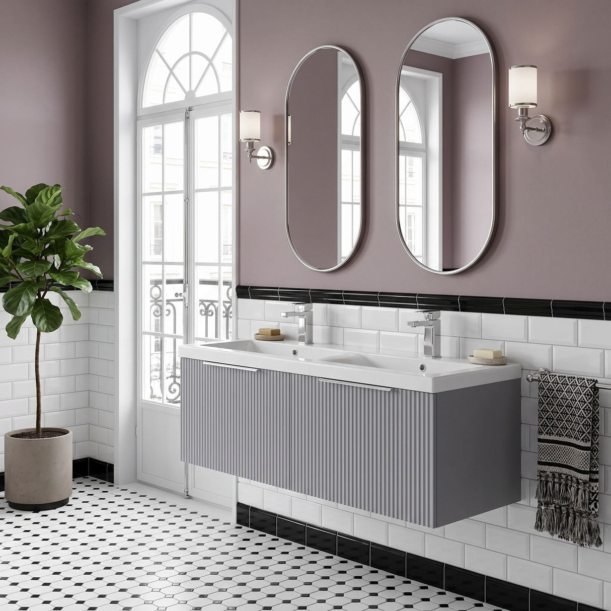 [BFFF294F] Tixall Fluted 2 Drawer Wall Hung Vanity Unit with Double Basin - Choice of Colour
