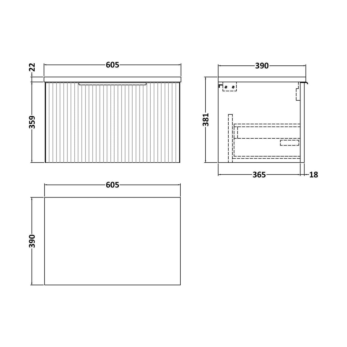 [BFFF294LBG] Tixall Fluted 1 Drawer Wall Hung Vanity Unit with Carrera Marble Laminate Worktop, Choice of Size and Colour - Technical Drawing