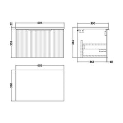 [BFFF294LBG] Tixall Fluted 1 Drawer Wall Hung Vanity Unit with Carrera Marble Laminate Worktop, Choice of Size and Colour - Technical Drawing