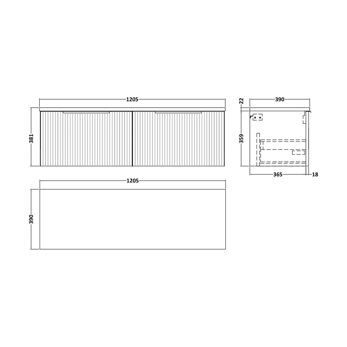 [BFFF294LCM2] Tixall Fluted 2 Drawer Wall Hung Vanity Unit with Carrera Marble Laminate Worktop - Choice of Colour - Technical Drawing