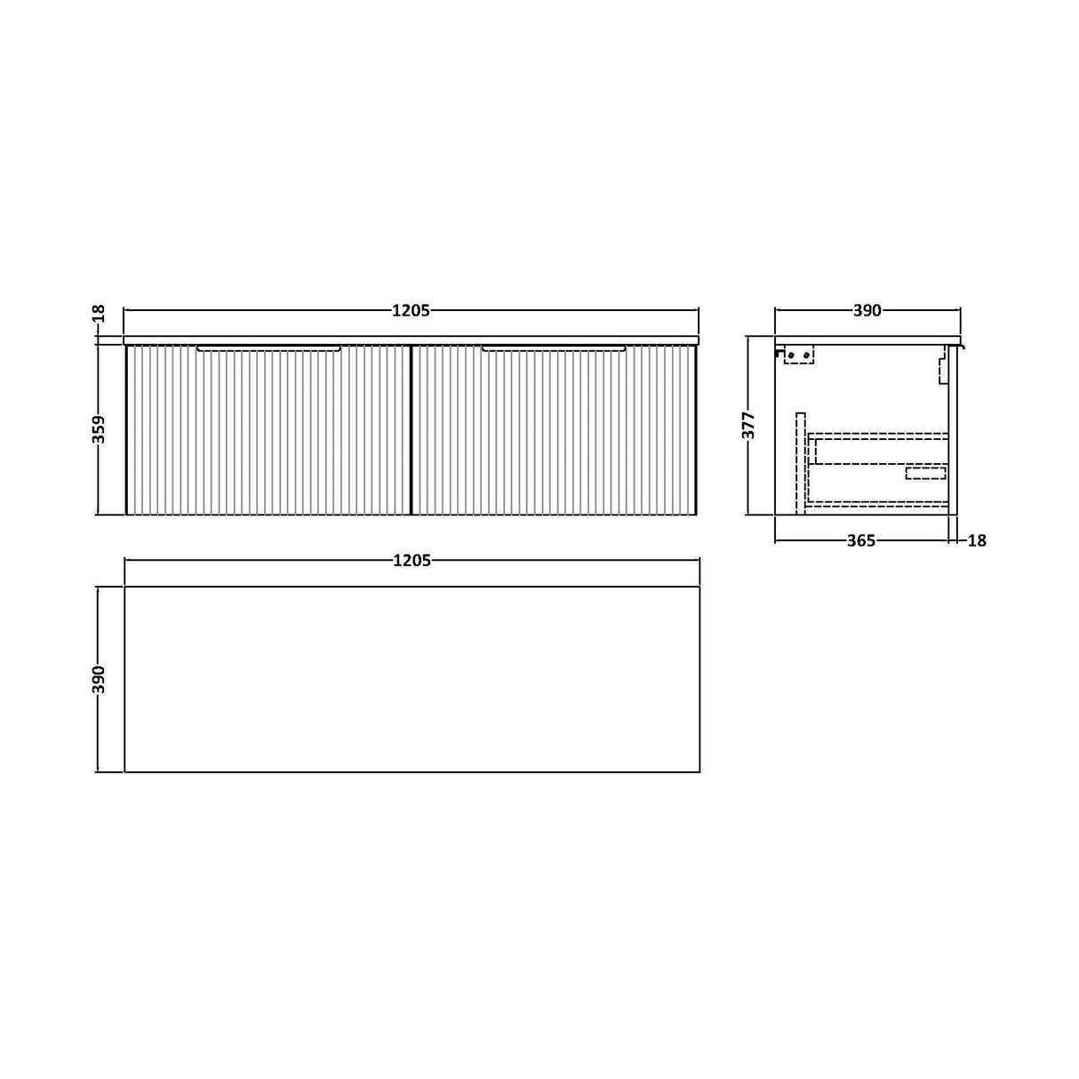 [BFFF294W2] Tixall Fluted 2 Drawer Wall Hung Vanity Unit with Worktop - Choice of Colour - Technical Drawing