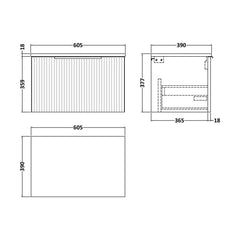 [BFFF294W] Tixall Fluted 1 Drawer Wall Hung Vanity Unit with Worktop - Choice of Size and Colour - Technical Drawing
