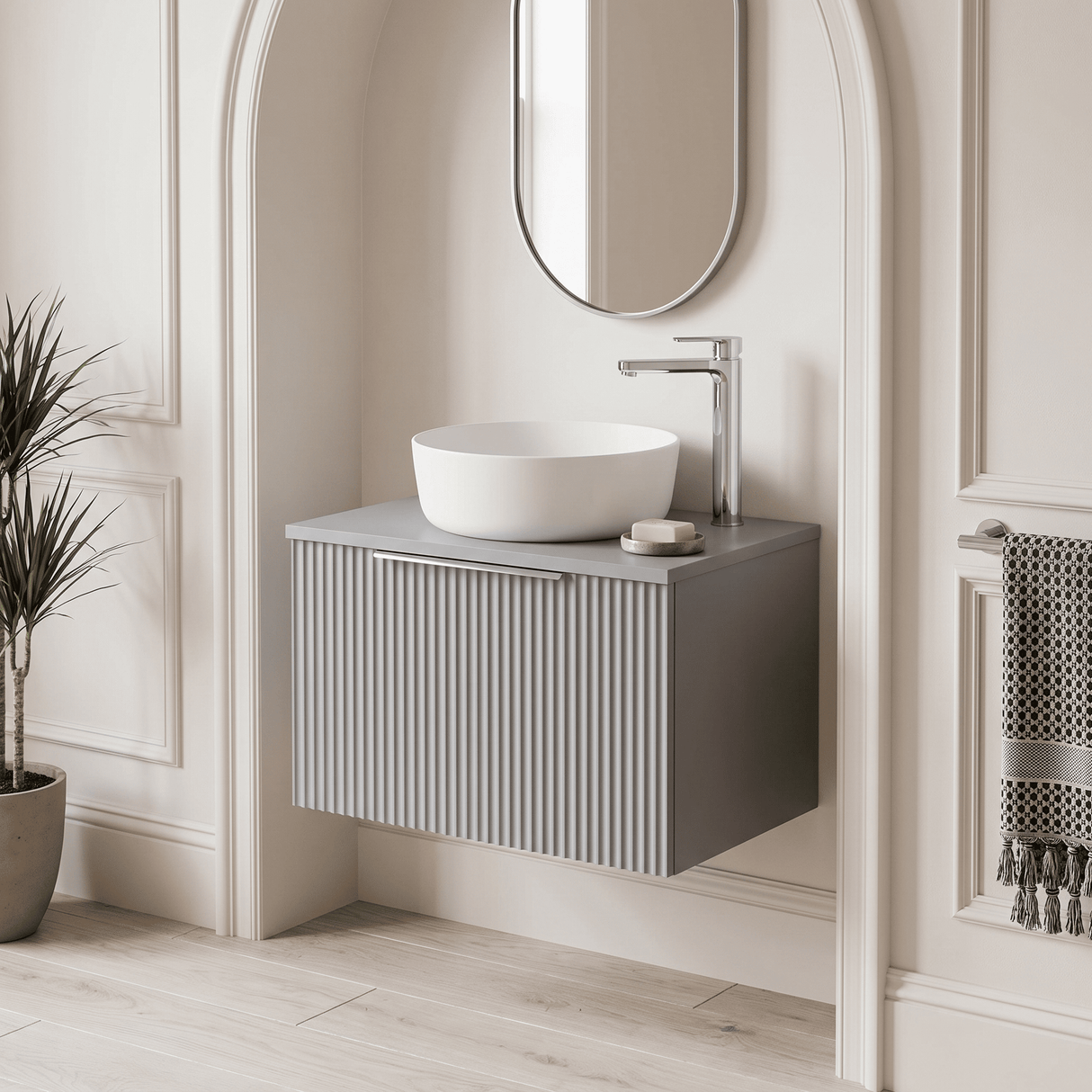 [BFFF294W] Tixall Fluted 1 Drawer Wall Hung Vanity Unit with Worktop - Choice of Size and Colour