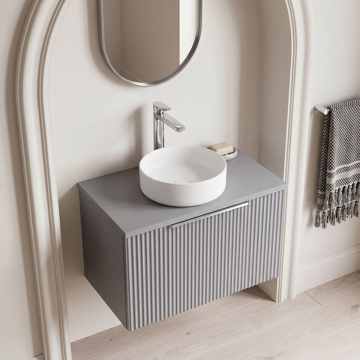 [BFFF294W] Tixall Fluted 1 Drawer Wall Hung Vanity Unit with Worktop - Choice of Size and Colour