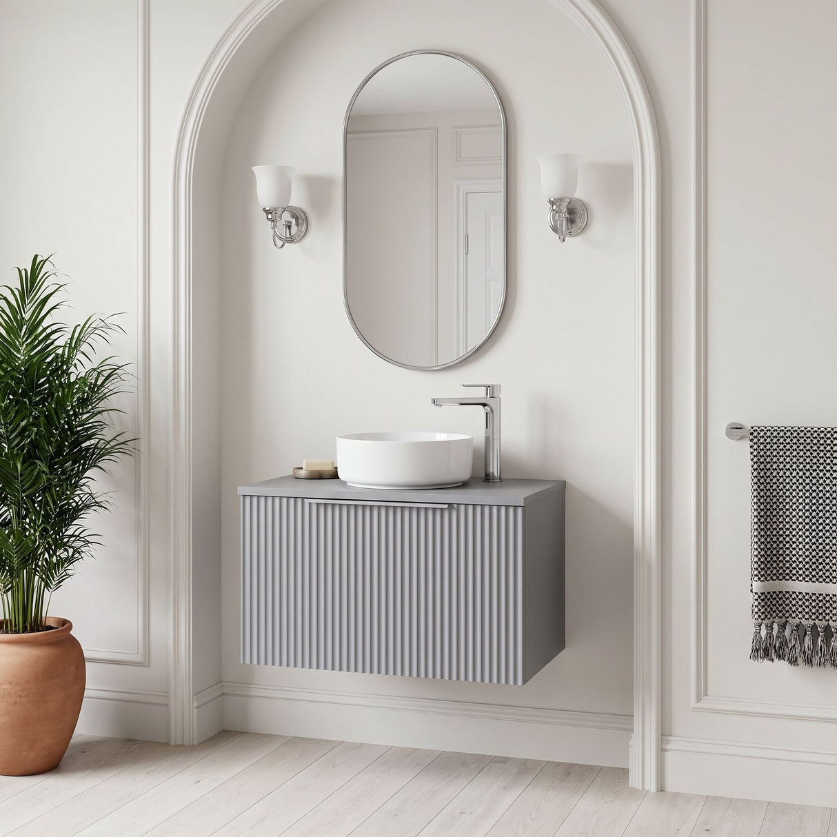 [BFFF294W] Tixall Fluted 1 Drawer Wall Hung Vanity Unit with Worktop - Choice of Size and Colour