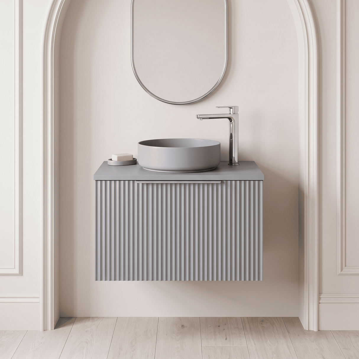 [BFFF294W] Tixall Fluted 1 Drawer Wall Hung Vanity Unit with Worktop - Choice of Size and Colour - Silo