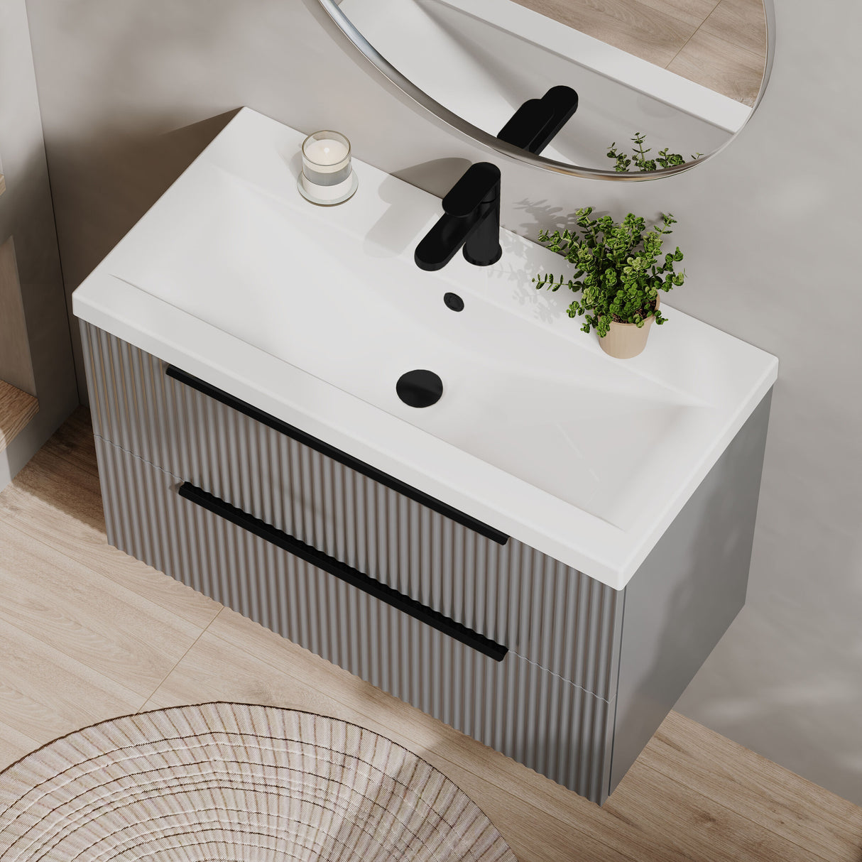 [BFFF295AH226] Tixall Fluted Front Wall Hung Vanity Basin Unit 800mm - 2 Drawer - Lifestyle 2