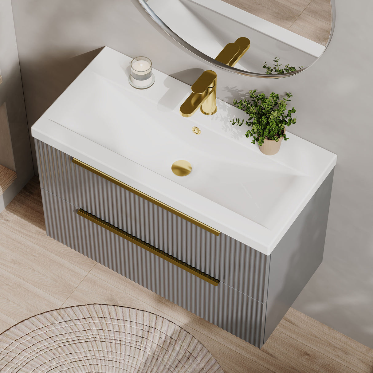 [BFFF295AH326] Tixall Fluted Front Wall Hung Vanity Basin Unit 800mm - 2 Drawer - Lifestyle 2