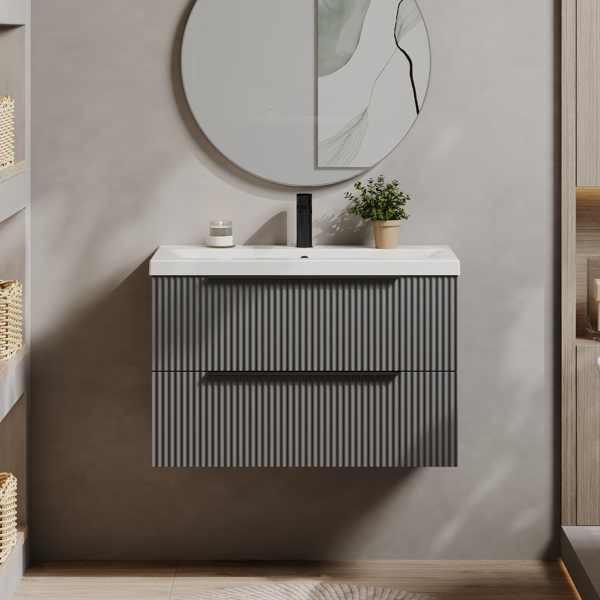 Fluted Front Wall Hung Vanity Basin Unit with Choice of Size, Colour and Handle Options