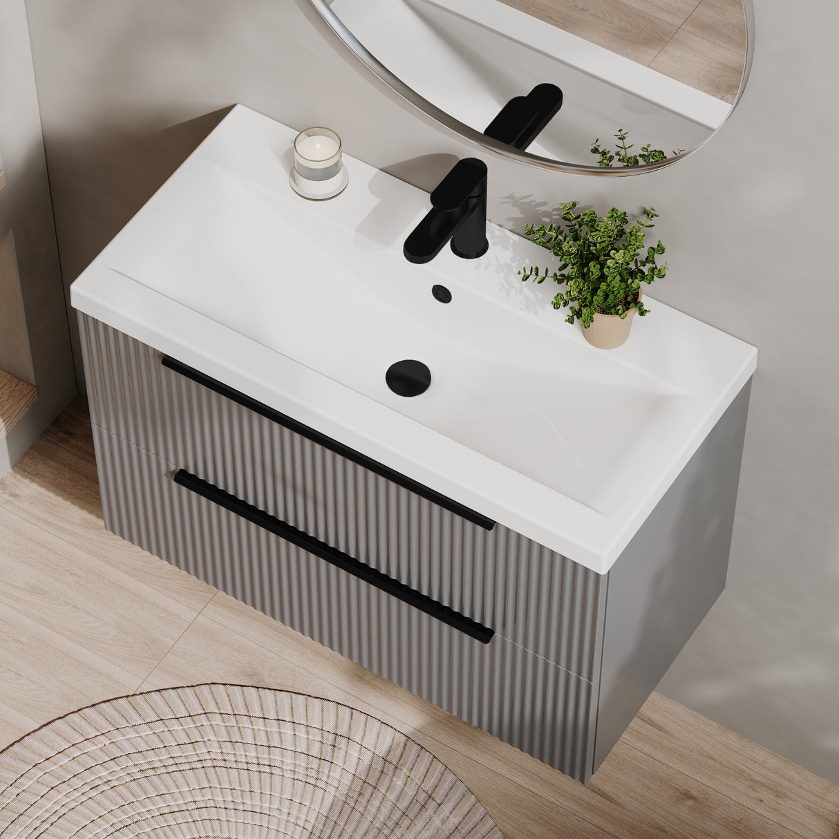 Fluted Front Wall Hung Vanity Basin Unit with Choice of Size, Colour and Handle Options