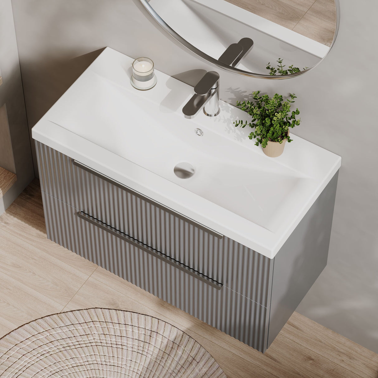 [BFFF295A] Tixall Fluted Front Wall Hung Vanity Basin Unit 800mm - 2 Drawer - Lifestyle 2
