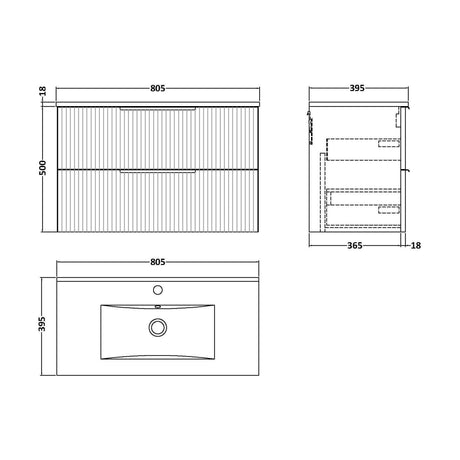 [BFFF295B] Tixall Fluted 2 Drawer Wall Hung Vanity Unit with Minimalist Basin, Satin Grey, 800mm - Technical Drawing