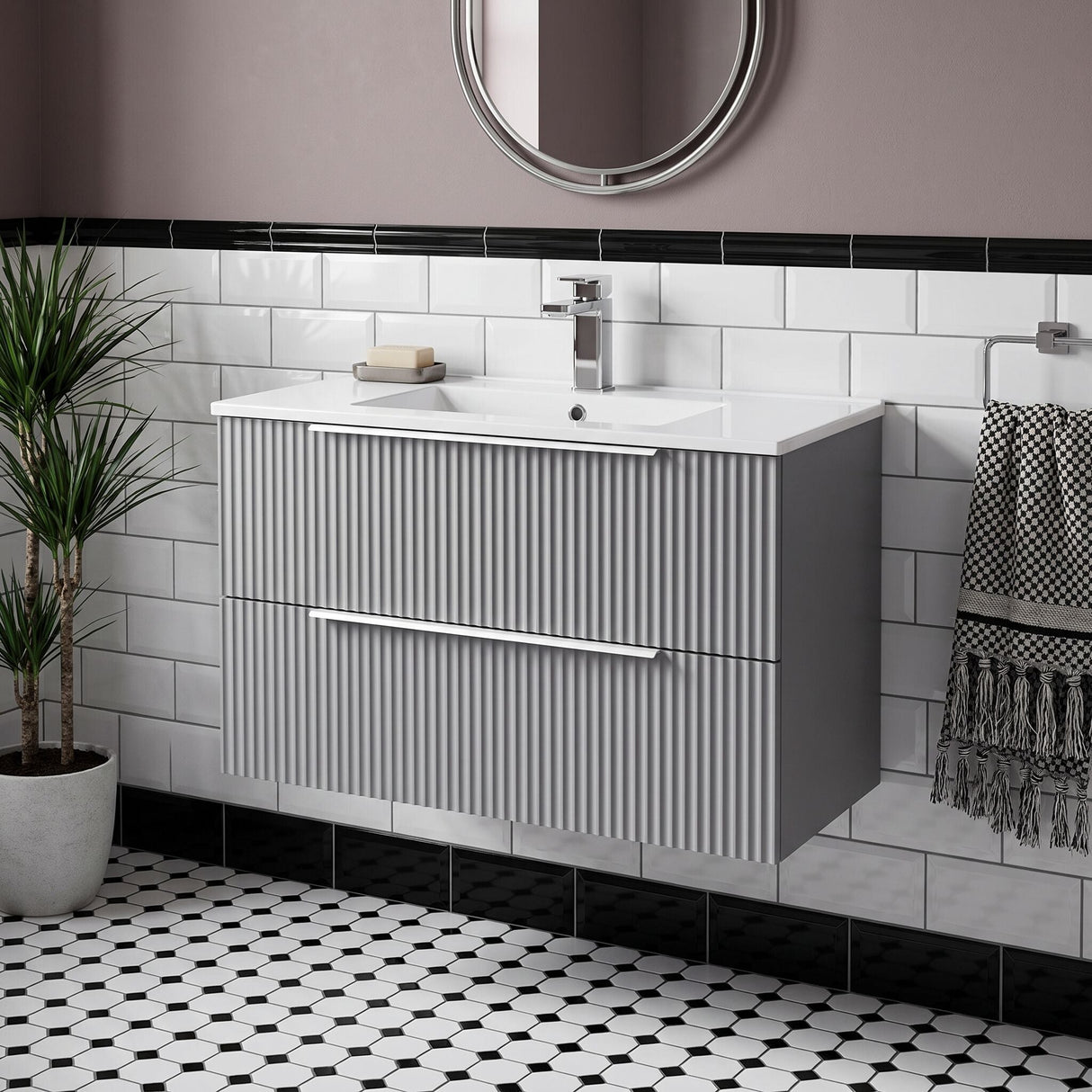[BFFF295B] Tixall Fluted 2 Drawer Wall Hung Vanity Unit with Minimalist Basin - Choice of Size and Colour