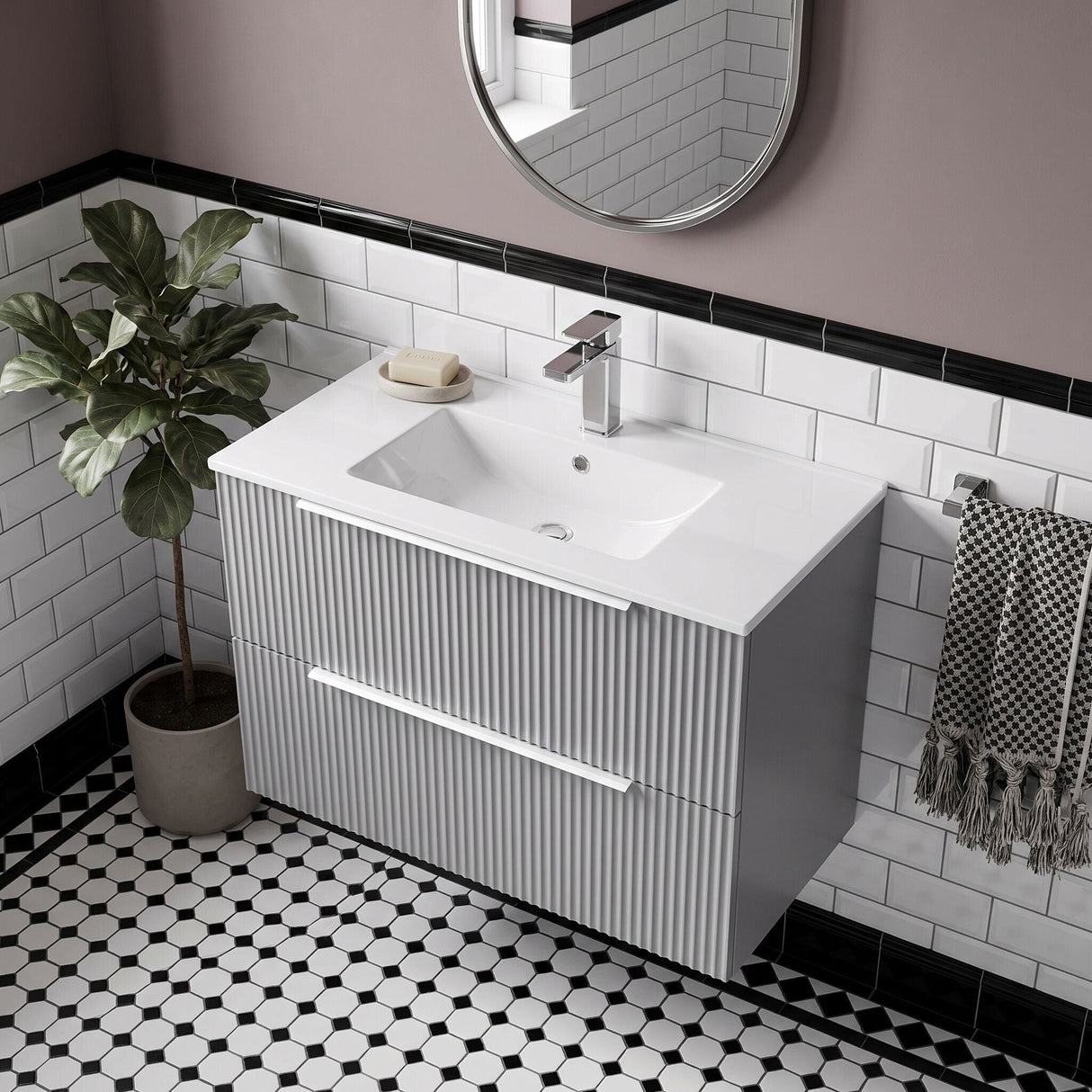 [BFFF295B] Tixall Fluted 2 Drawer Wall Hung Vanity Unit with Minimalist Basin - Choice of Size and Colour