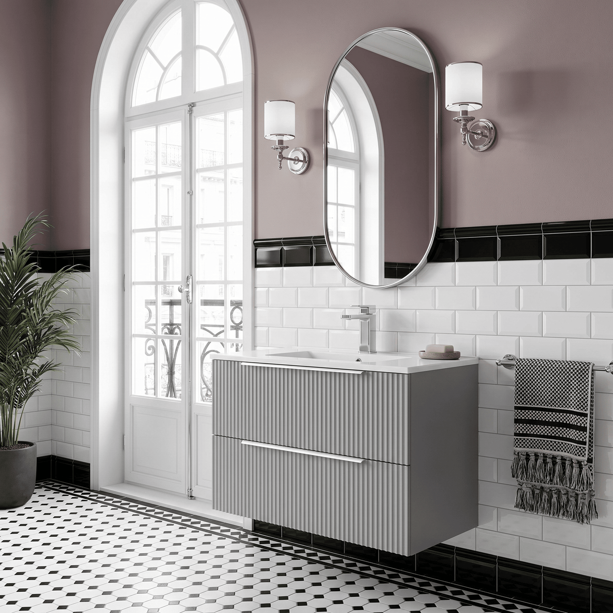 [BFFF295B] Tixall Fluted 2 Drawer Wall Hung Vanity Unit with Minimalist Basin - Choice of Size and Colour