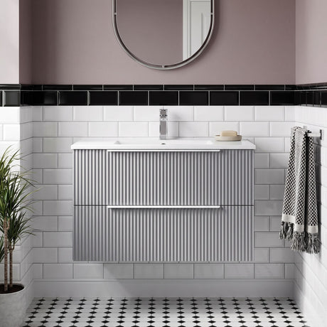 [BFFF295B] Tixall Fluted 2 Drawer Wall Hung Vanity Unit with Minimalist Basin - Choice of Size and Colour - Silo