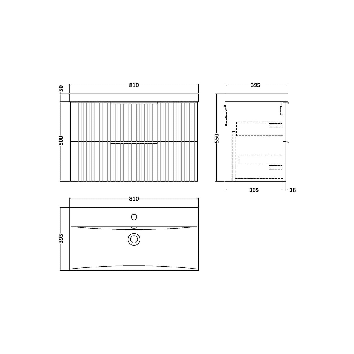 [BFFF295D] Tixall Fluted 2 Drawer Wall Hung Vanity Unit with Thin Edge Basin - Choice of Size and Colour - Technical Drawing