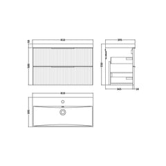 [BFFF295D] Tixall Fluted 2 Drawer Wall Hung Vanity Unit with Thin Edge Basin - Choice of Size and Colour - Technical Drawing
