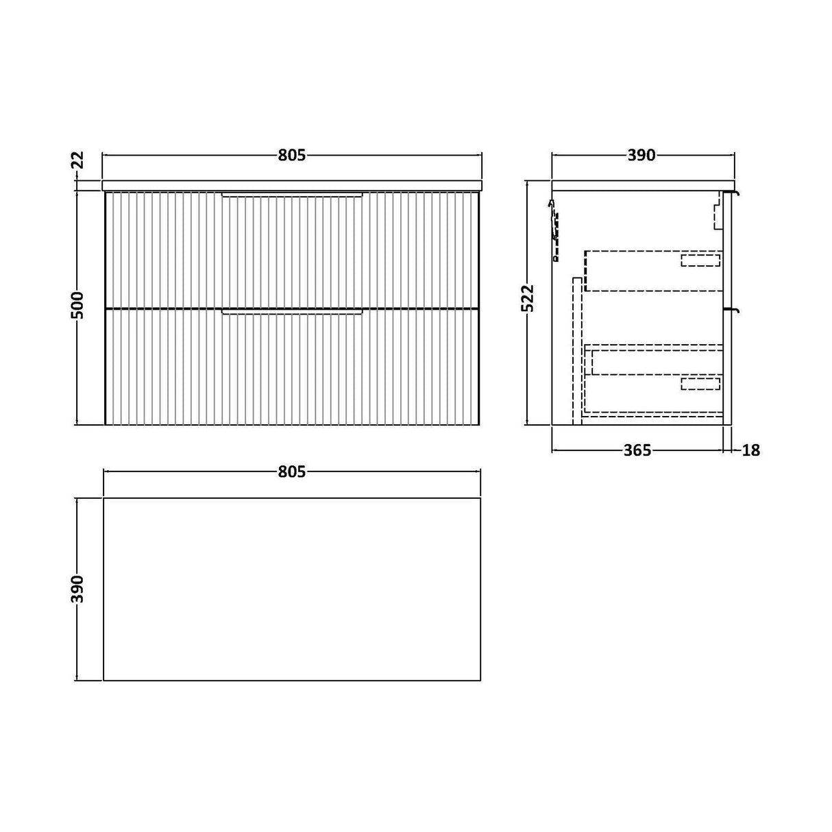 [BFFF295LBG] Tixall Fluted 2 Drawer Wall Hung Vanity Unit with Bellato Grey Laminate Worktop - Choice of Size and Colour - Technical Drawing