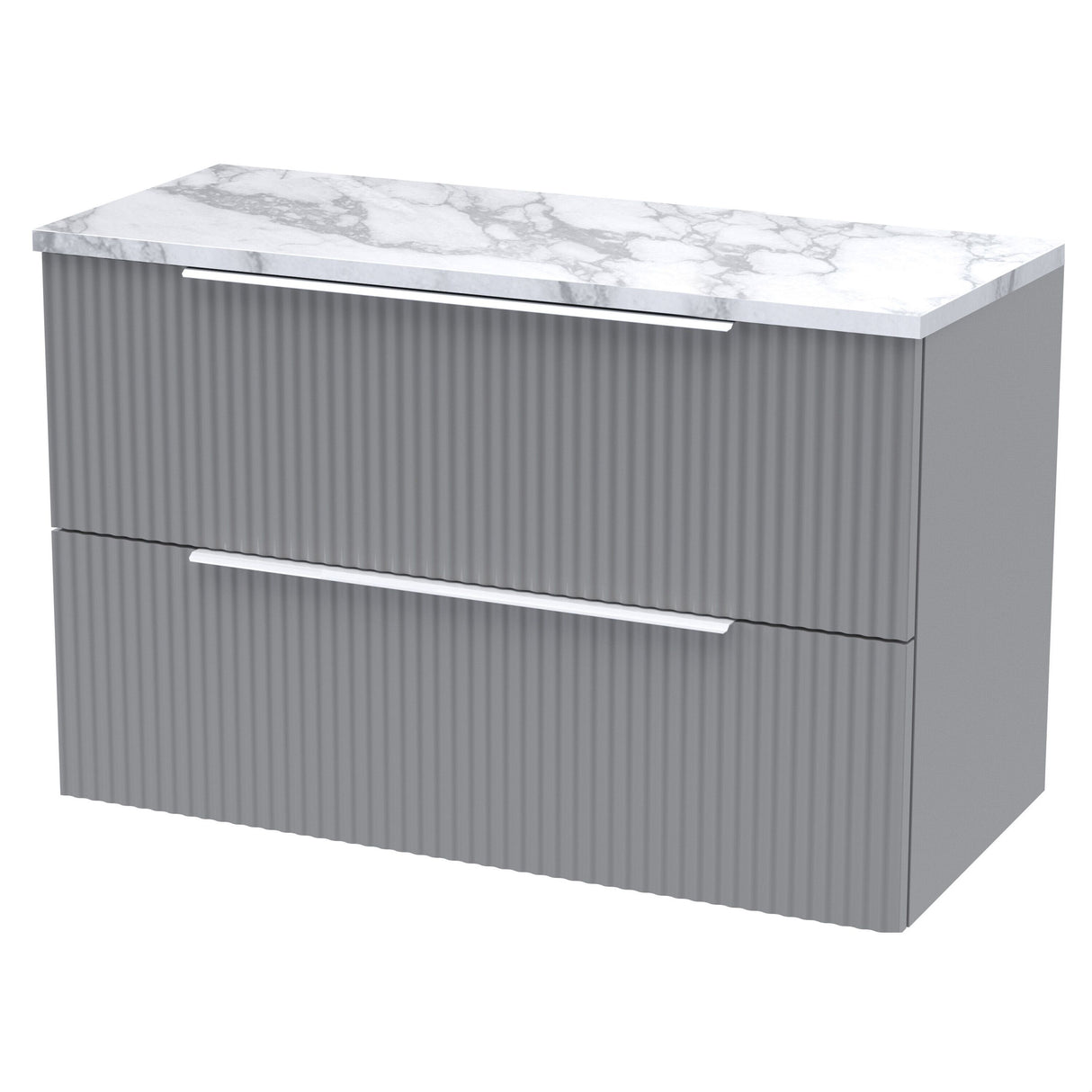 [BFFF295LCM] Tixall Fluted 2 Drawer Wall Hung Vanity Unit with Carrera Marble Laminate Worktop - Choice of Size and Colour - Cutout
