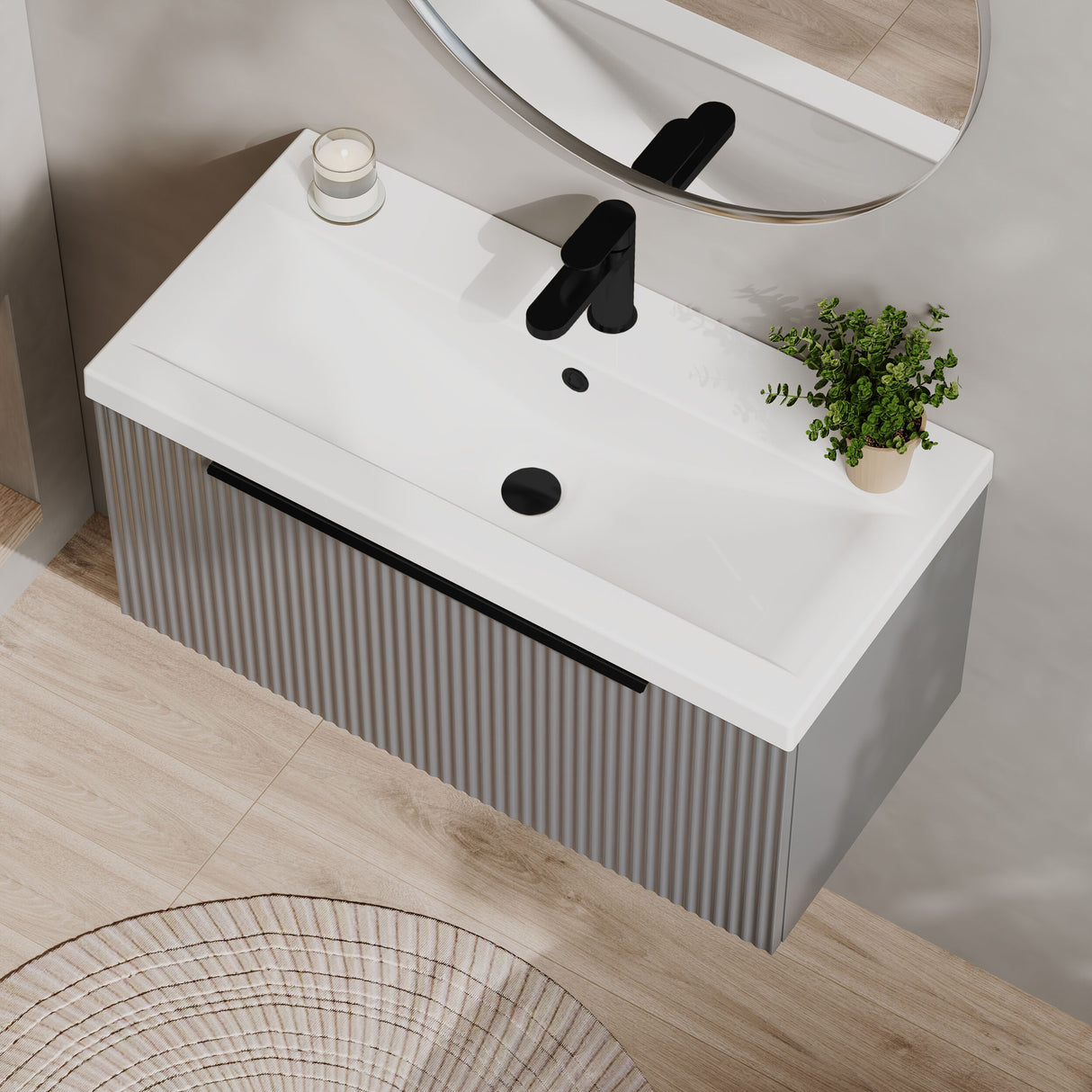 [BFFF296AH226] Tixall Fluted Front Wall Hung Vanity Basin Unit 800mm - 1 Drawer - Lifestyle 2