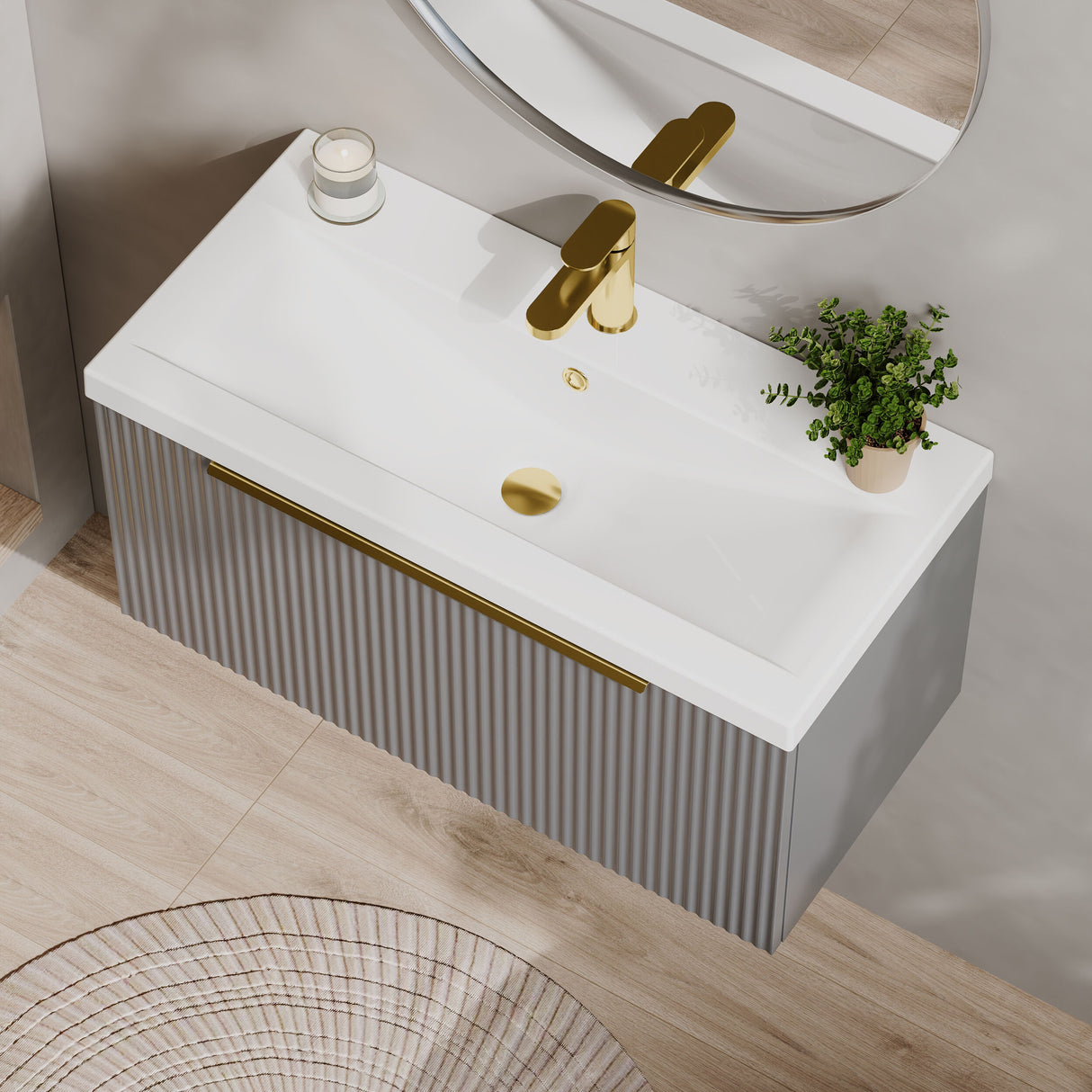 [BFFF296AH326] Tixall Fluted Front Wall Hung Vanity Basin Unit 800mm - 1 Drawer - Lifestyle 2