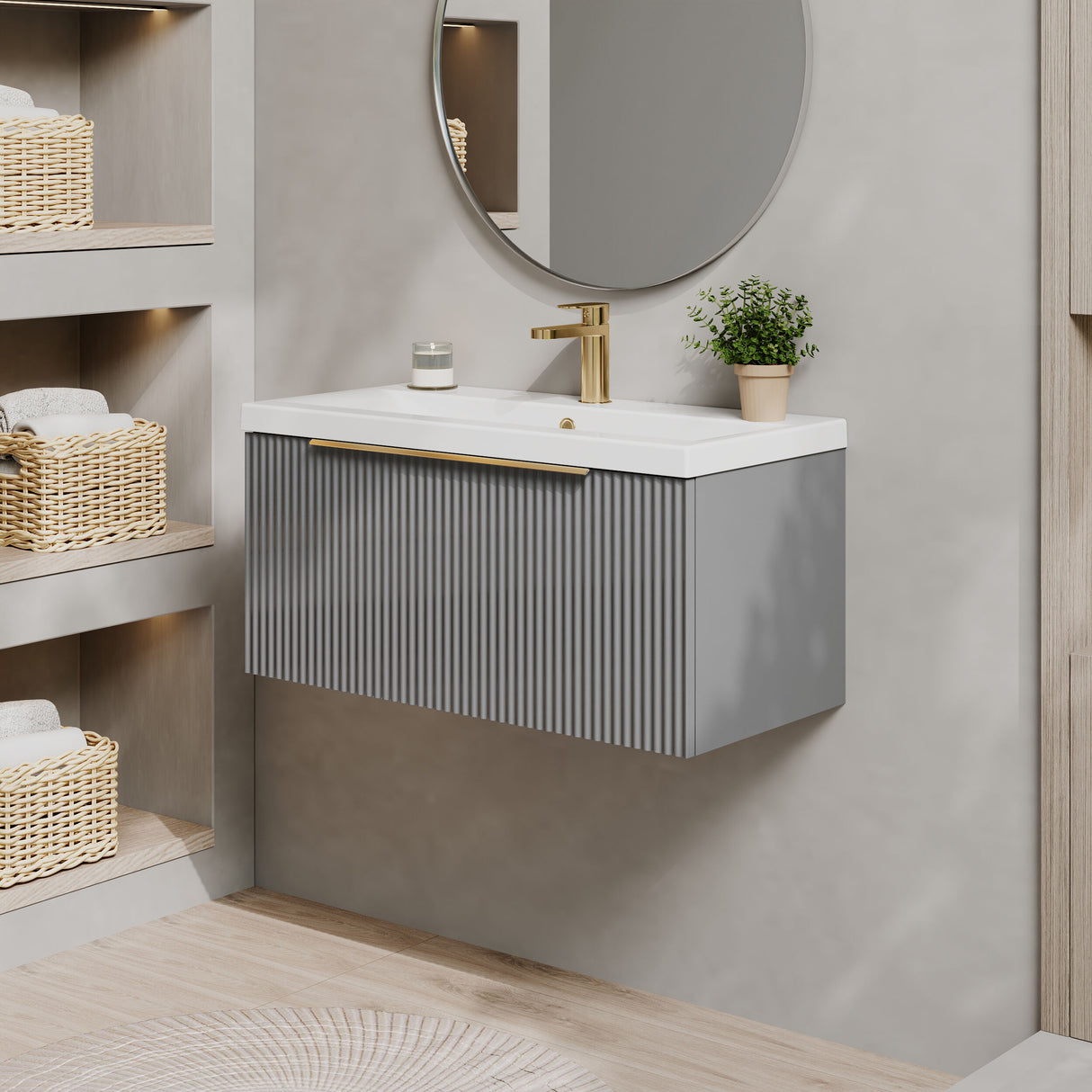 [BFFF296AH326] Tixall Fluted Front Wall Hung Vanity Basin Unit 800mm - 1 Drawer - Lifestyle 3