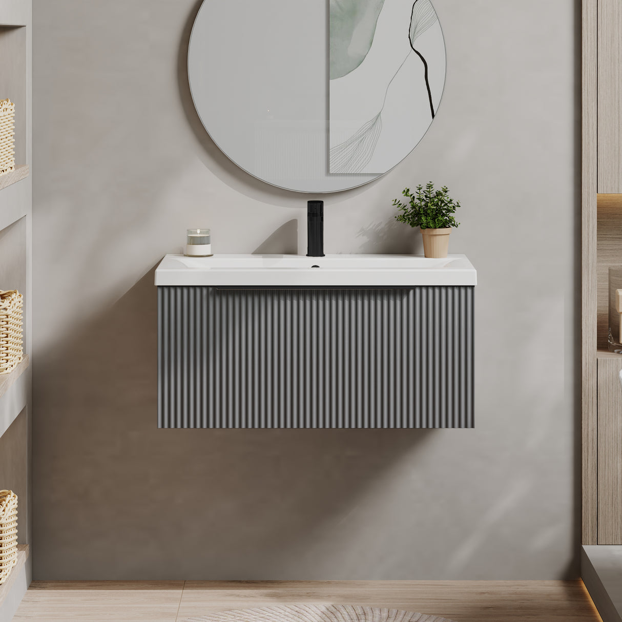 Fluted Front Wall Hung Vanity Basin Unit with Choice of Size, Colour and Handle Options