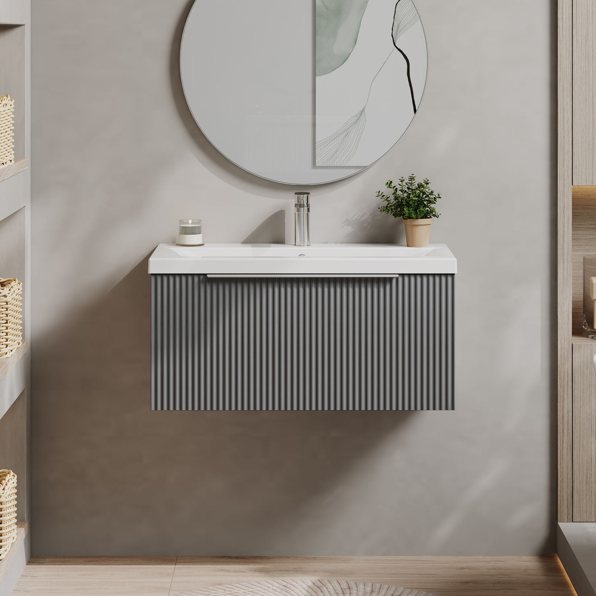 [BFFF296A] Tixall Fluted Front Wall Hung Vanity Basin Unit 800mm - 1 Drawer - Lifestyle 1