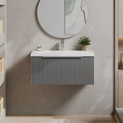 [BFFF296A] Tixall Fluted Front Wall Hung Vanity Basin Unit 800mm - 1 Drawer - Lifestyle 1