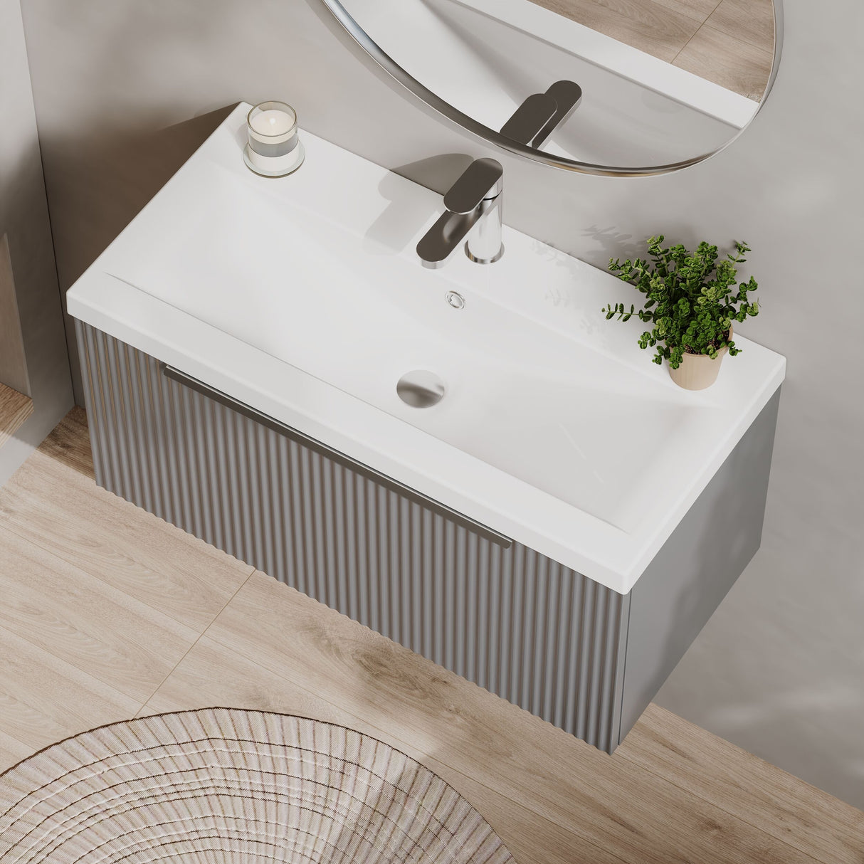 [BFFF296A] Tixall Fluted Front Wall Hung Vanity Basin Unit 800mm - 1 Drawer - Lifestyle 2